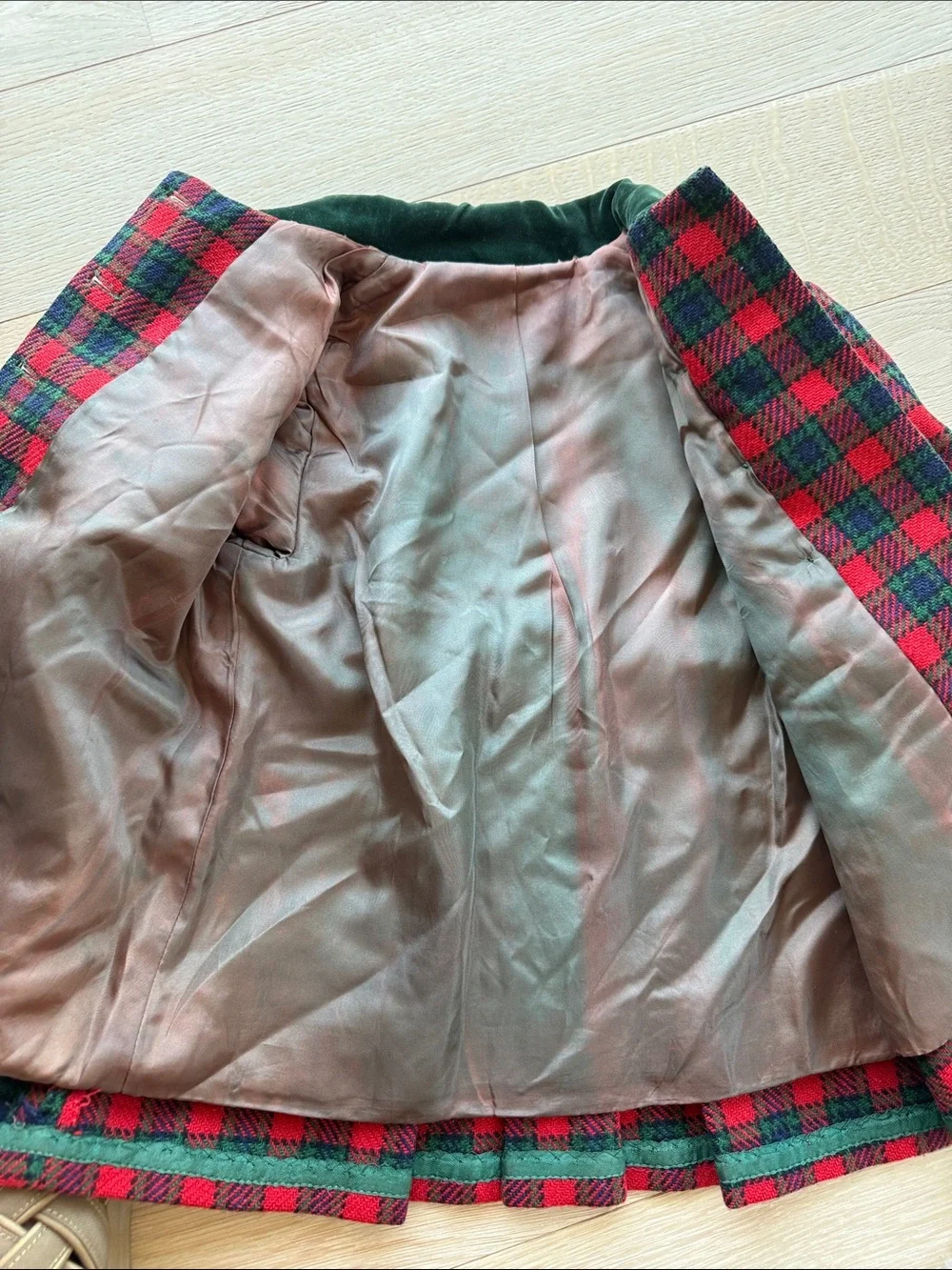 Vintage Kids Red & Green Plaid Double-Breasted Coat wool 4-5y ❤️💚🖤👀
